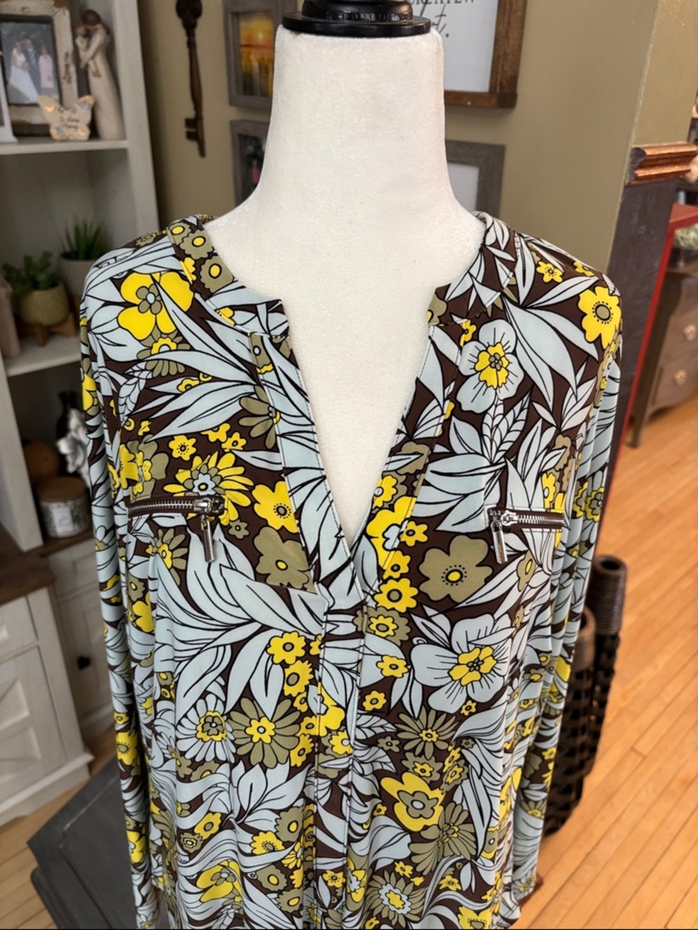 INC International Concepts Yellow, Brown & Blue Floral Long Sleeve V-Neck Top